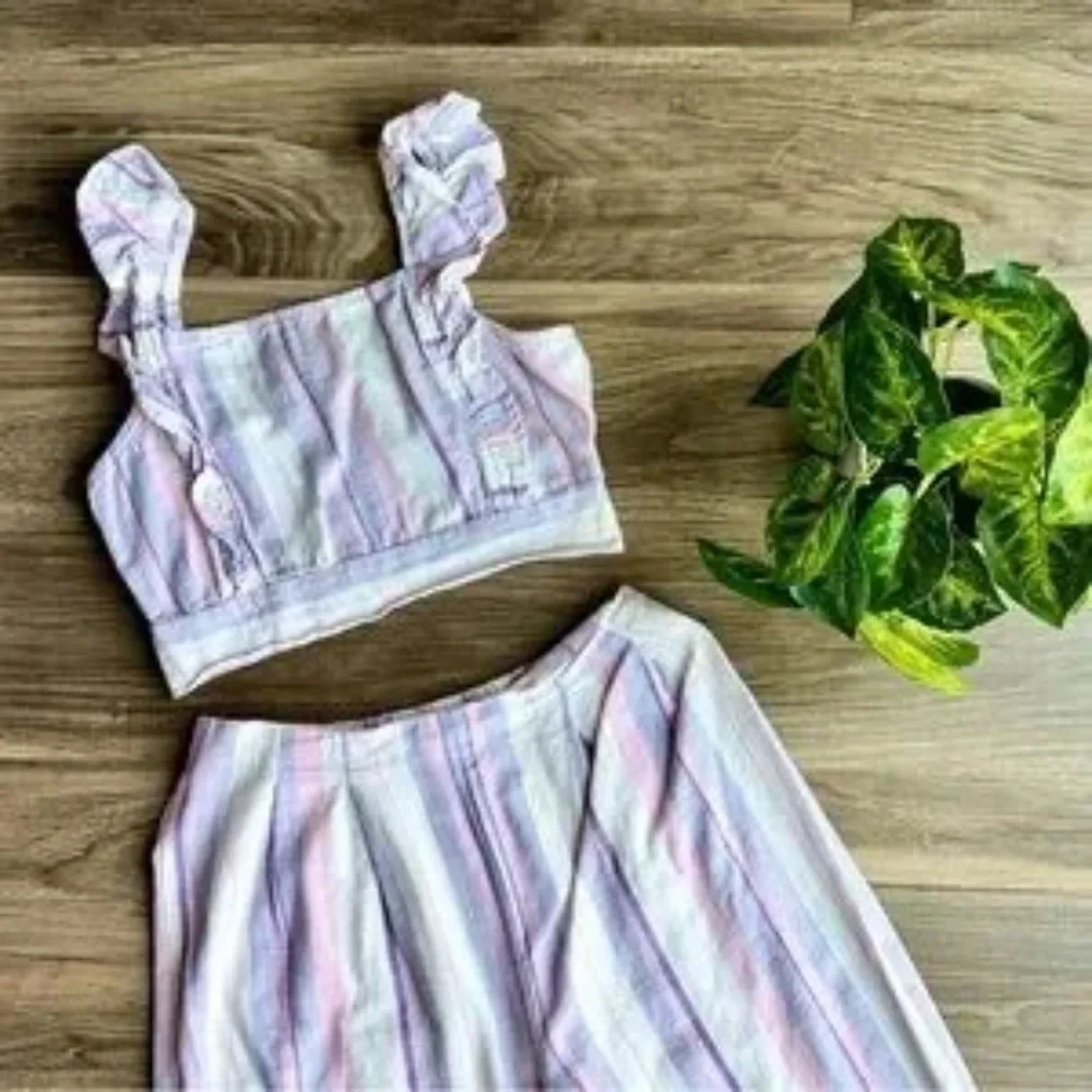 Olivia Kay Girls Set Ruffle Crop Top and Wide Leg Pants Pastel Stripes Size L/XL